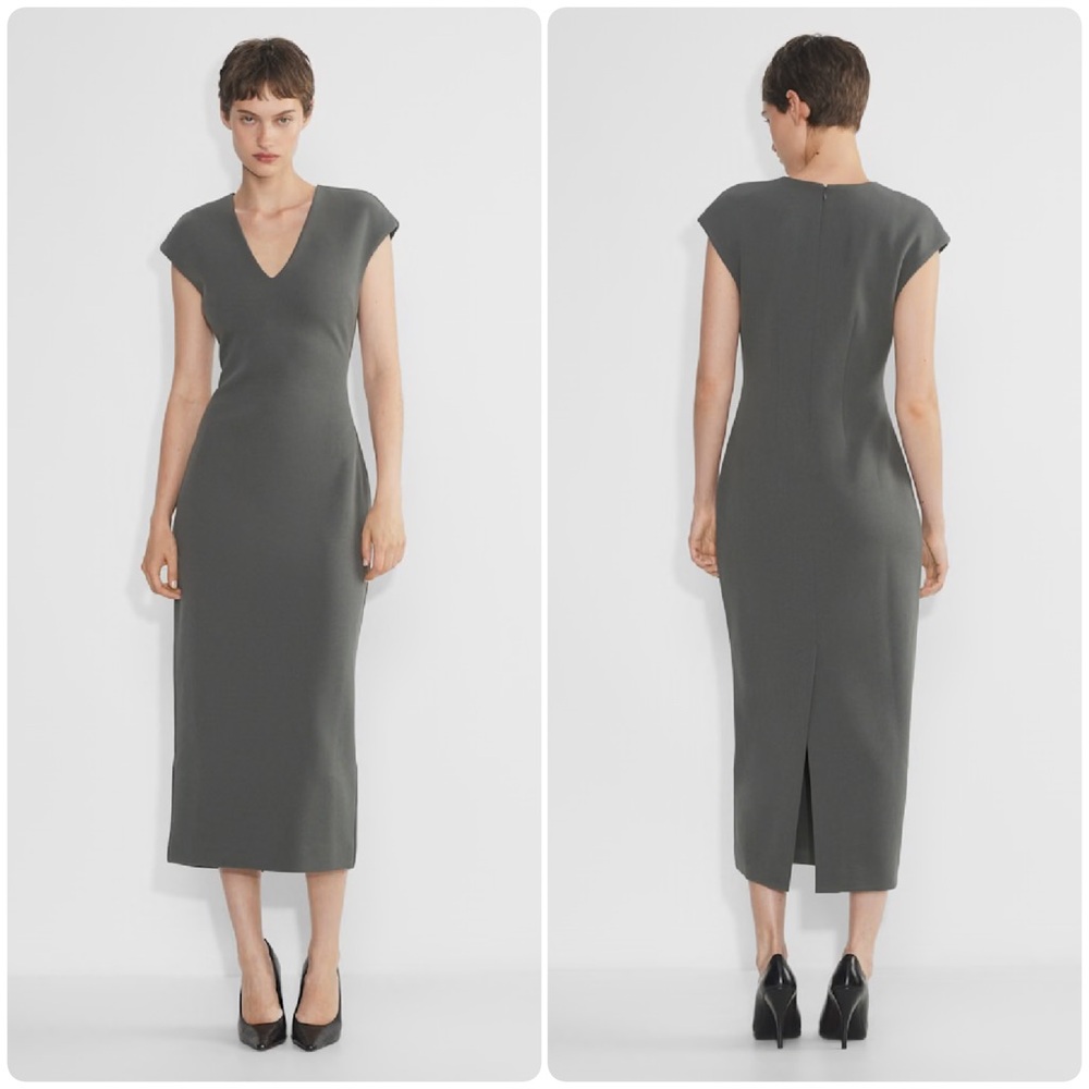 NWT: Aritzia Press V-Neck Crepe Midi Dress in Coal Grey | Size XS